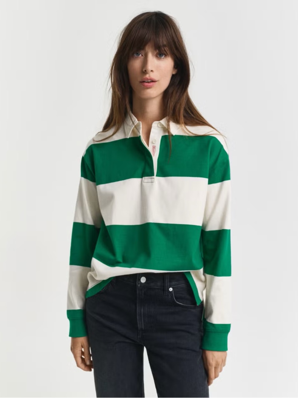 H&M Women's Loose-Fit Polo Shirt in Cream/green rugby polo